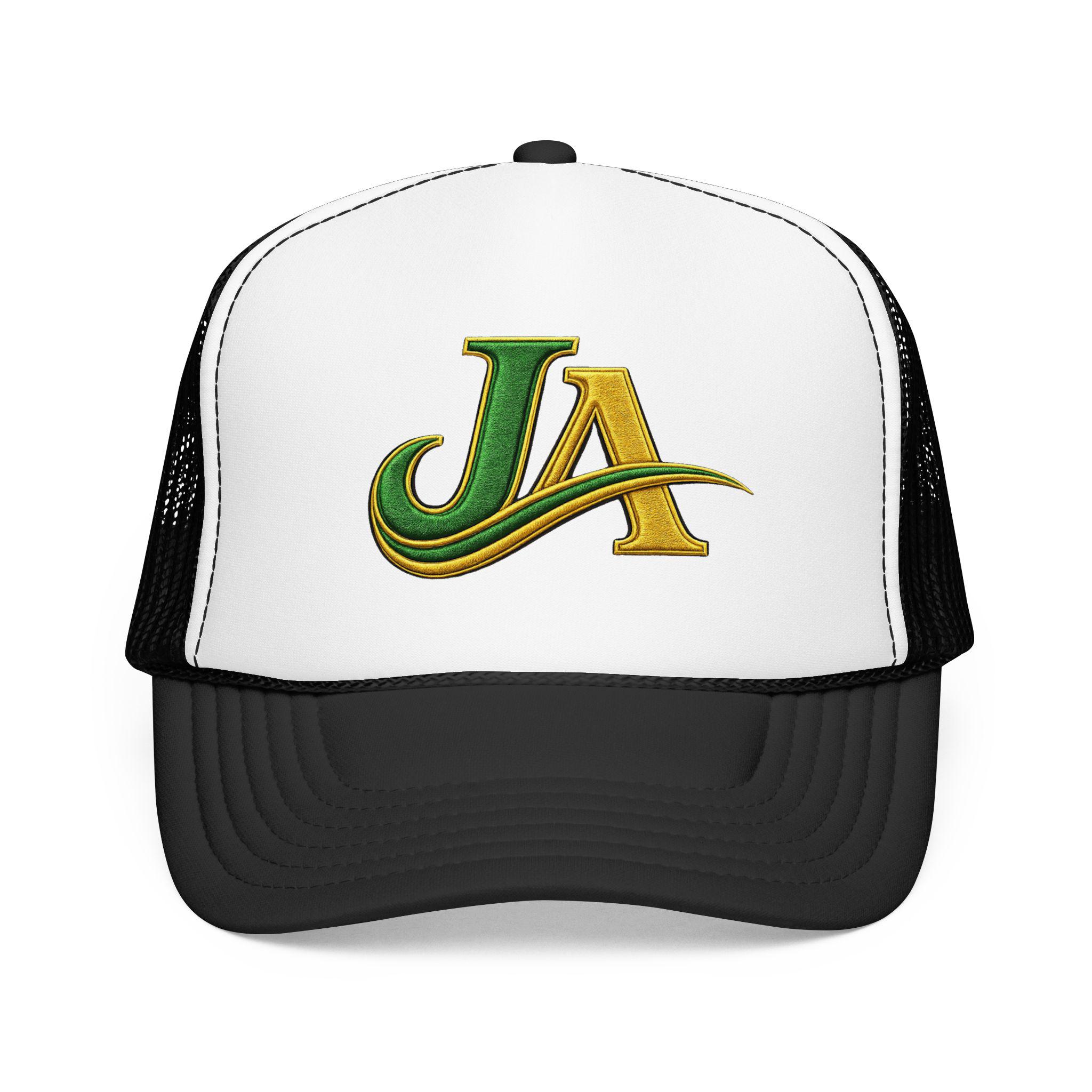 JA Logo Embroidered Trucker Hat, Green and Gold Mesh Cap, Caribbean Streetwear Hat, Island Lifestyle Gift, product view 10