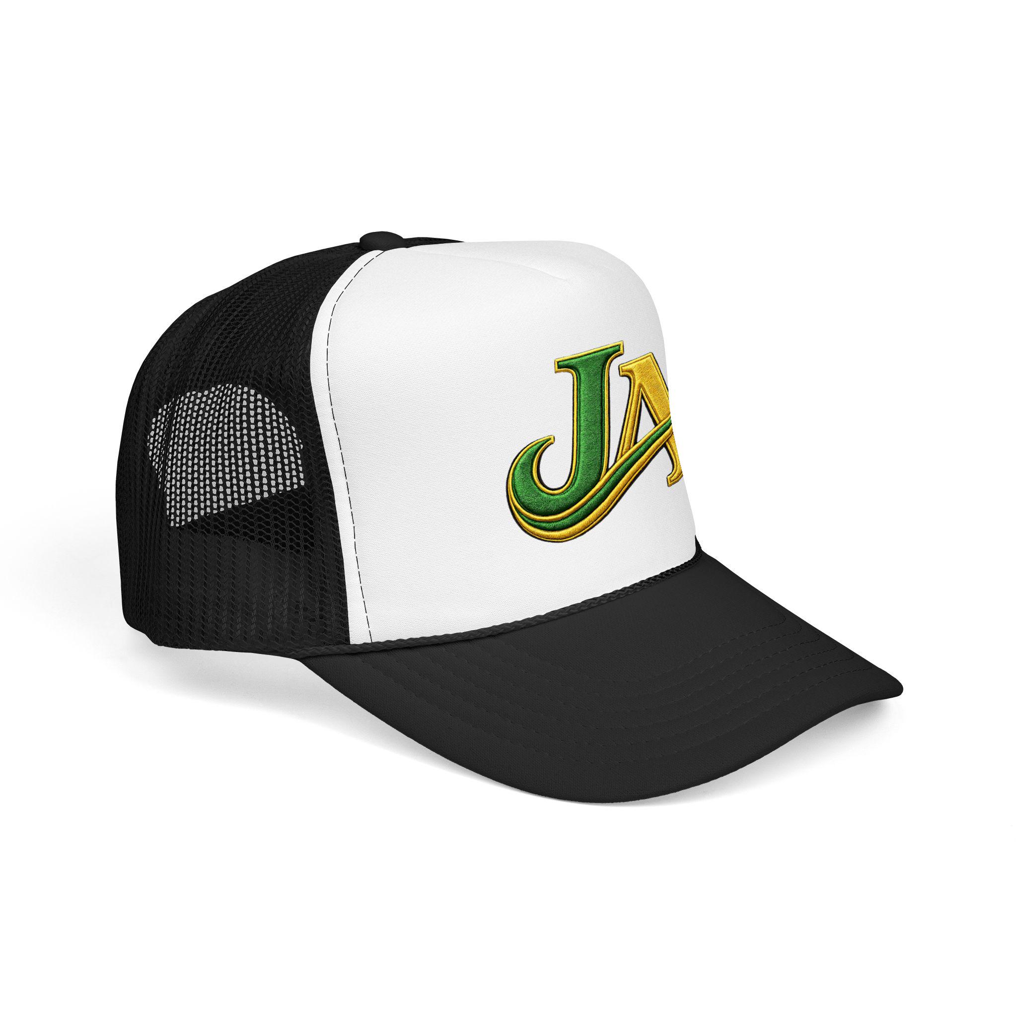 JA Logo Embroidered Trucker Hat, Green and Gold Mesh Cap, Caribbean Streetwear Hat, Island Lifestyle Gift, product view 11