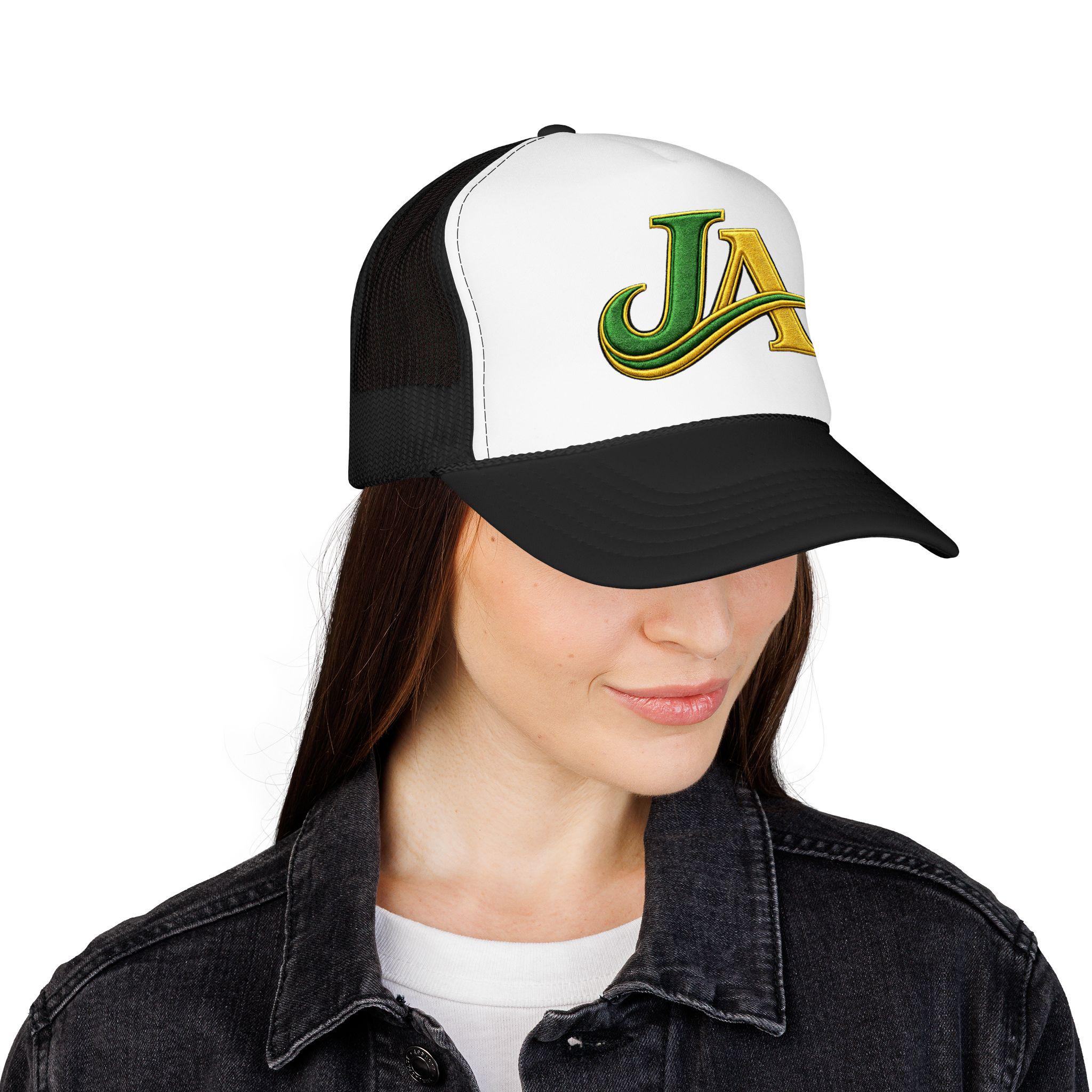 JA Logo Embroidered Trucker Hat, Green and Gold Mesh Cap, Caribbean Streetwear Hat, Island Lifestyle Gift, product view 12