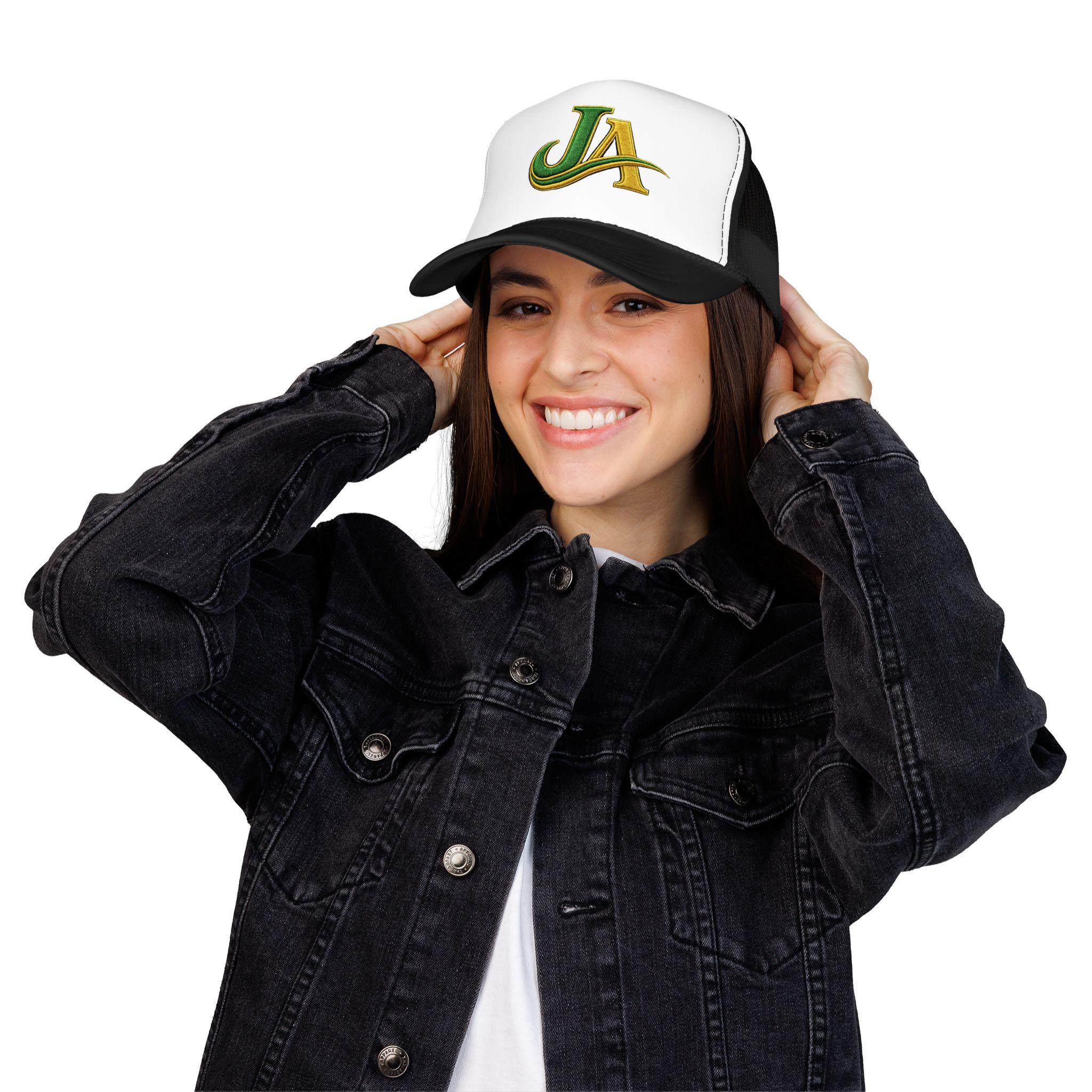 JA Logo Embroidered Trucker Hat, Green and Gold Mesh Cap, Caribbean Streetwear Hat, Island Lifestyle Gift, product view 13