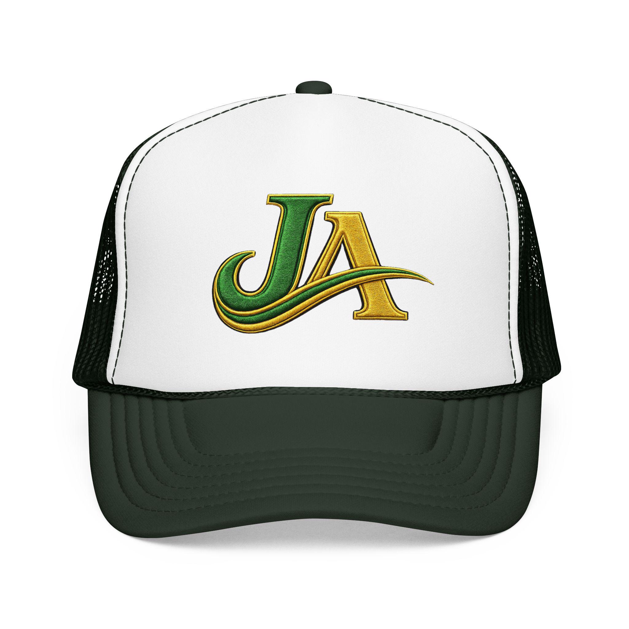 JA Logo Embroidered Trucker Hat, Green and Gold Mesh Cap, Caribbean Streetwear Hat, Island Lifestyle Gift, product view 14