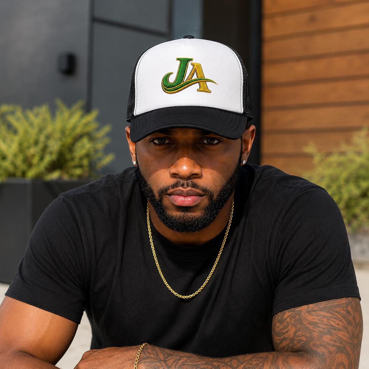 JA Logo Embroidered Trucker Hat, Green and Gold Mesh Cap, Caribbean Streetwear Hat, Island Lifestyle Gift, product view 15