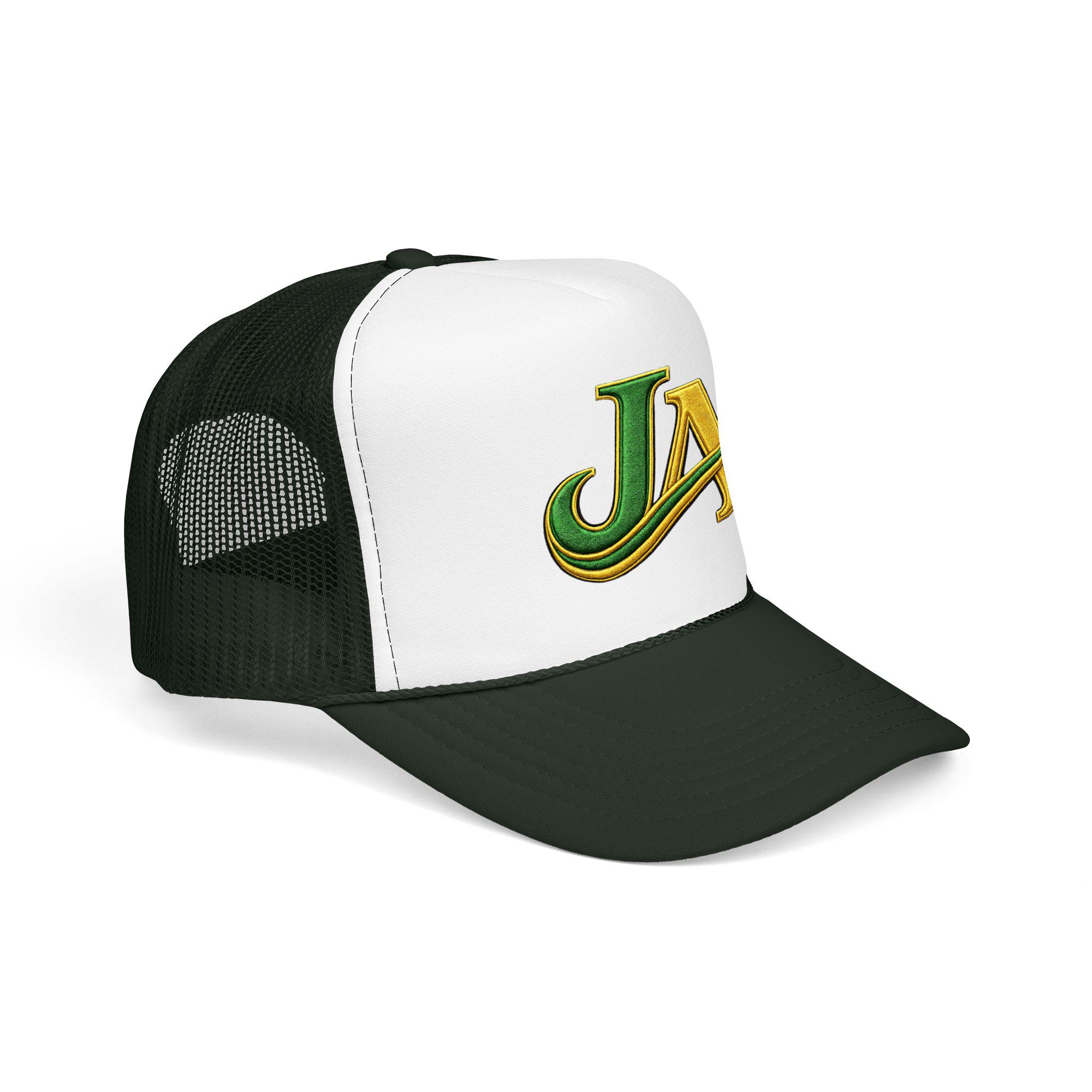 JA Logo Embroidered Trucker Hat, Green and Gold Mesh Cap, Caribbean Streetwear Hat, Island Lifestyle Gift, product view 16