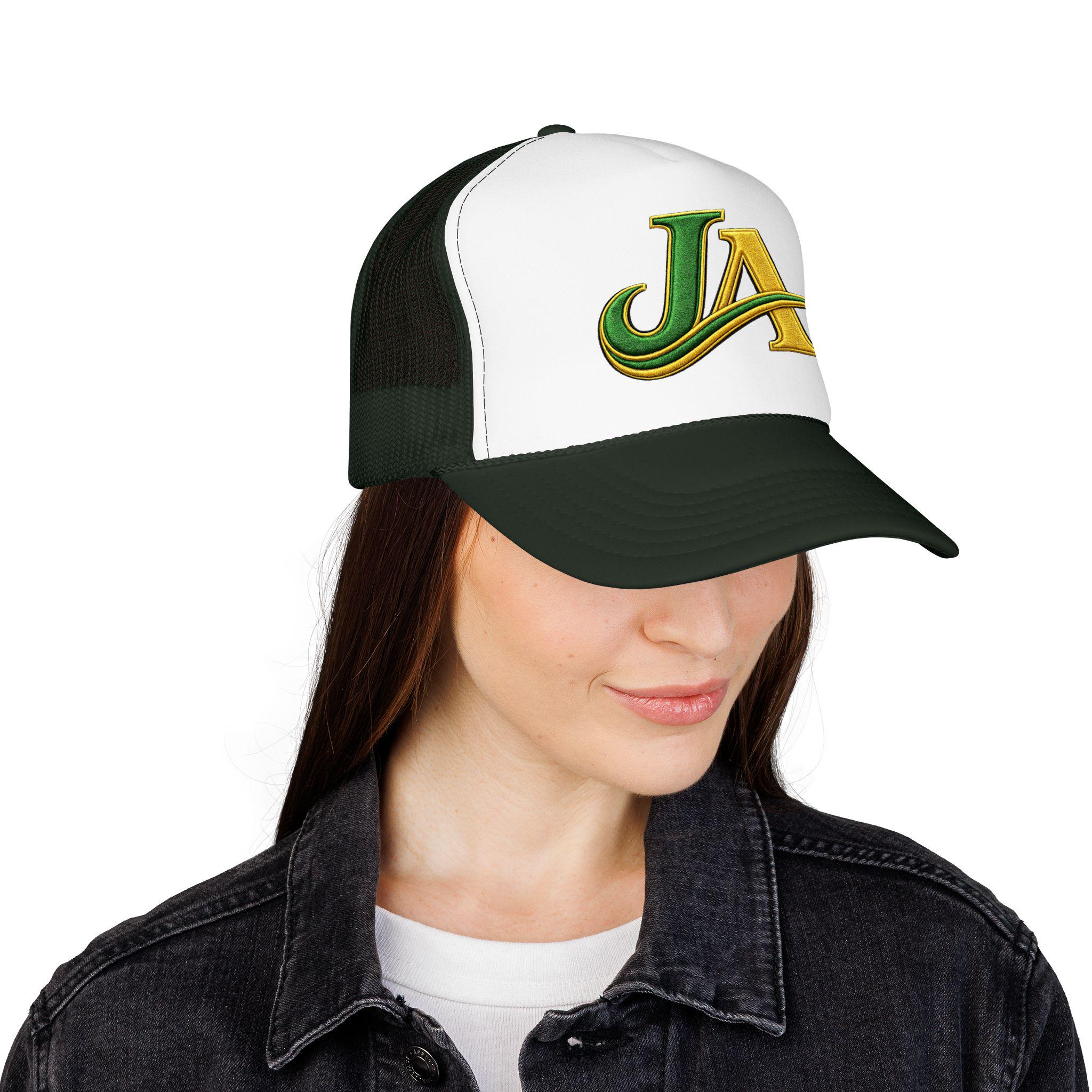 JA Logo Embroidered Trucker Hat, Green and Gold Mesh Cap, Caribbean Streetwear Hat, Island Lifestyle Gift, product view 17