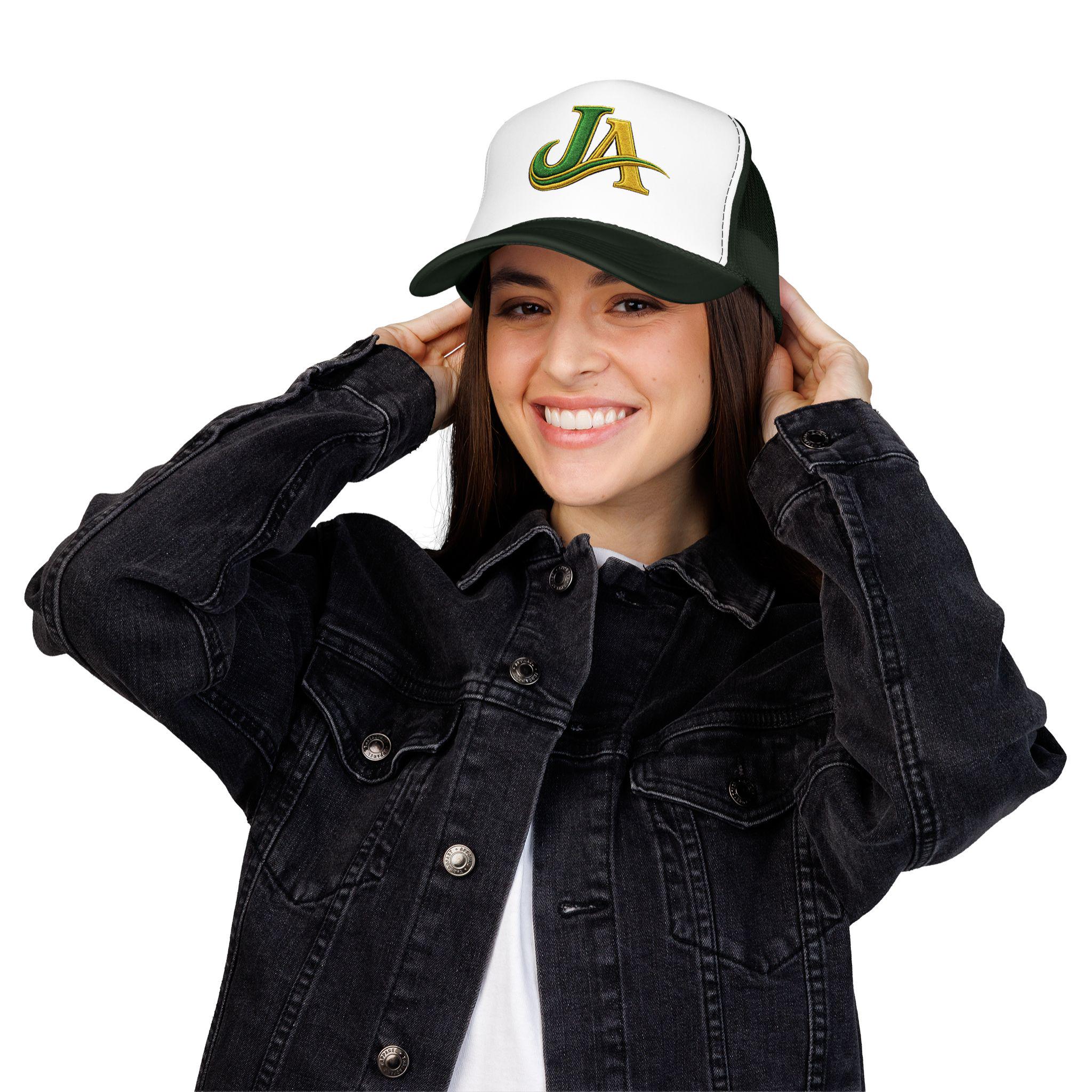 JA Logo Embroidered Trucker Hat, Green and Gold Mesh Cap, Caribbean Streetwear Hat, Island Lifestyle Gift, product view 18