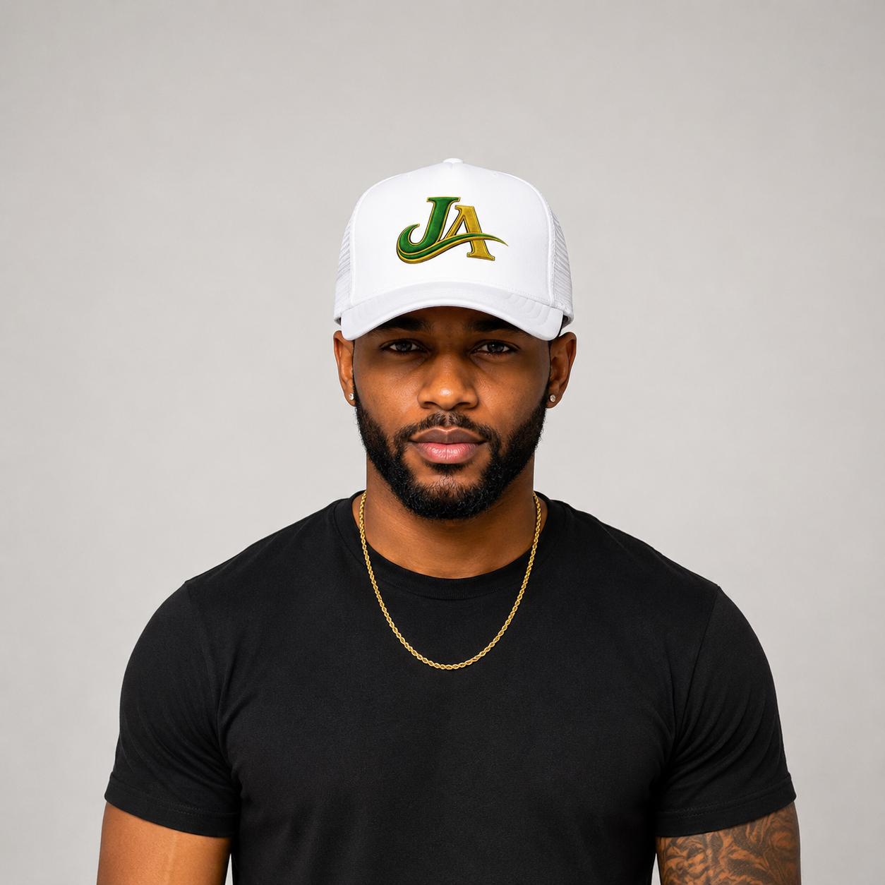 JA Logo Embroidered Trucker Hat, Green and Gold Mesh Cap, Caribbean Streetwear Hat, Island Lifestyle Gift, product view 19