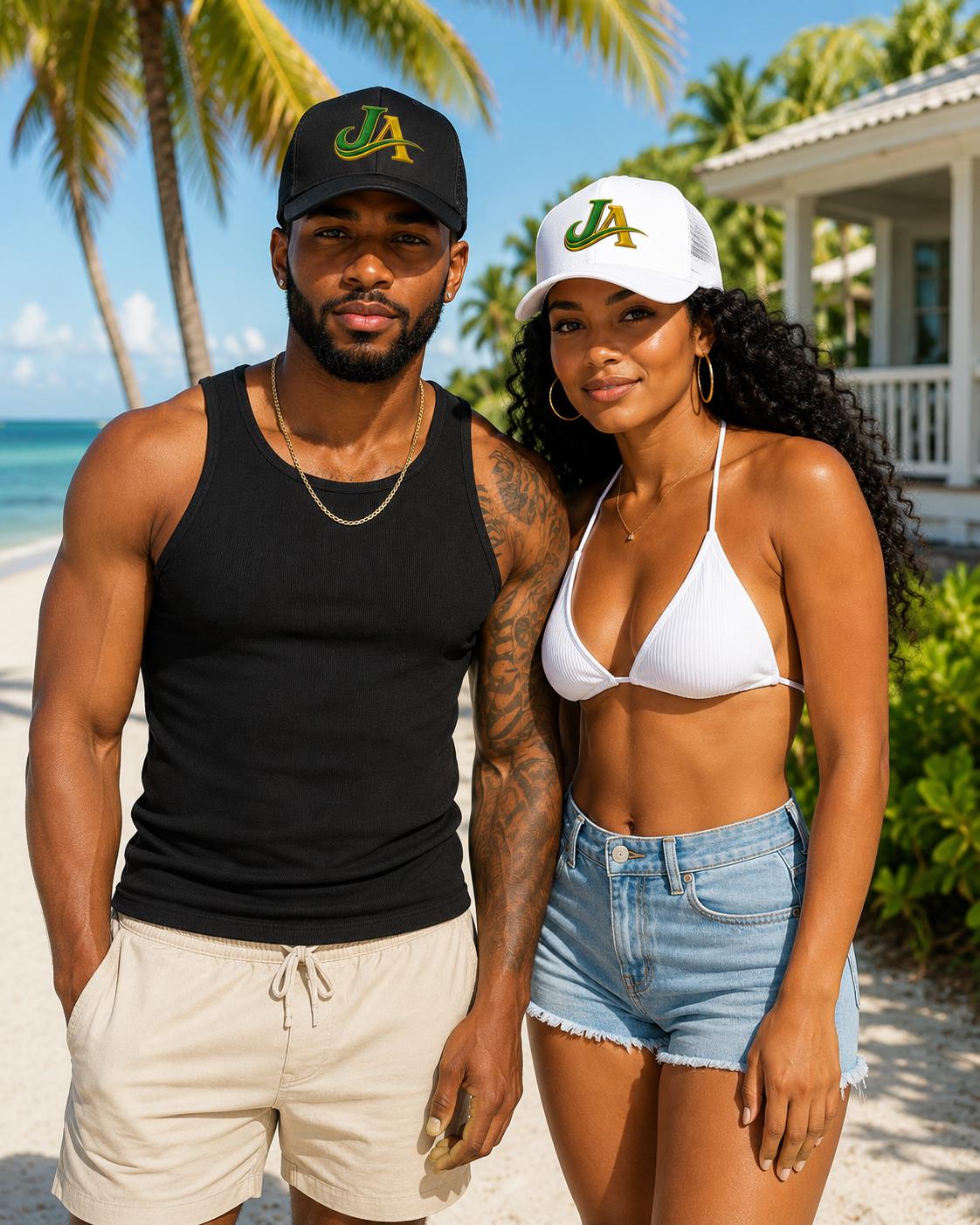 JA Logo Embroidered Trucker Hat, Green and Gold Mesh Cap, Caribbean Streetwear Hat, Island Lifestyle Gift, product view 20