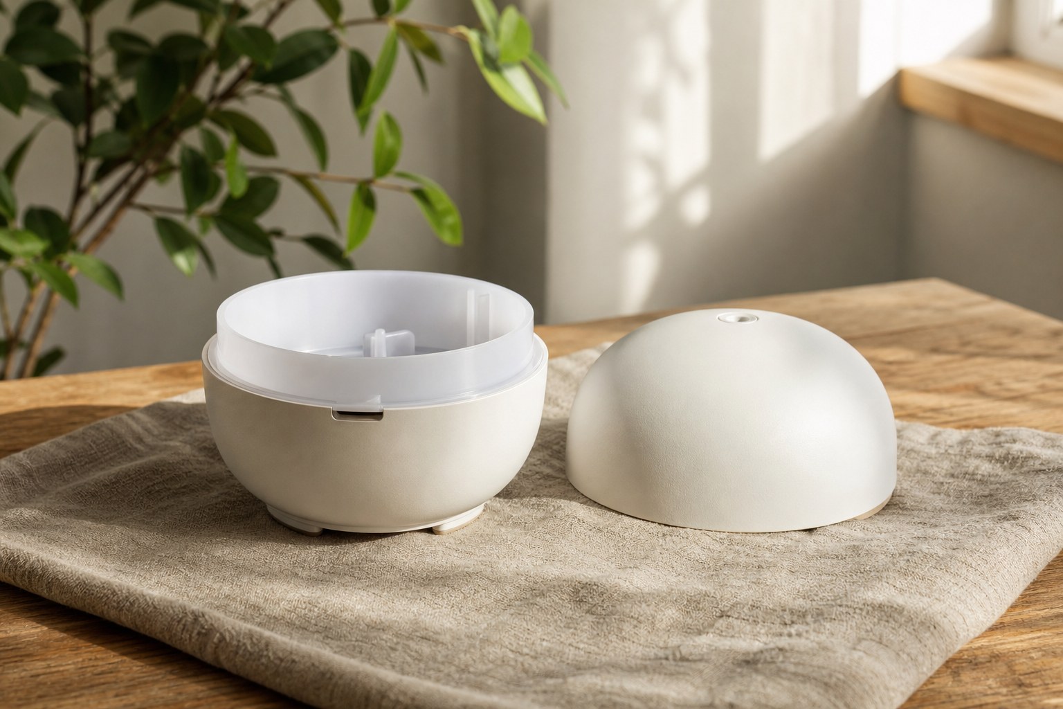 Clean ceramic diffuser drying open on a soft linen towel in a sunlit room