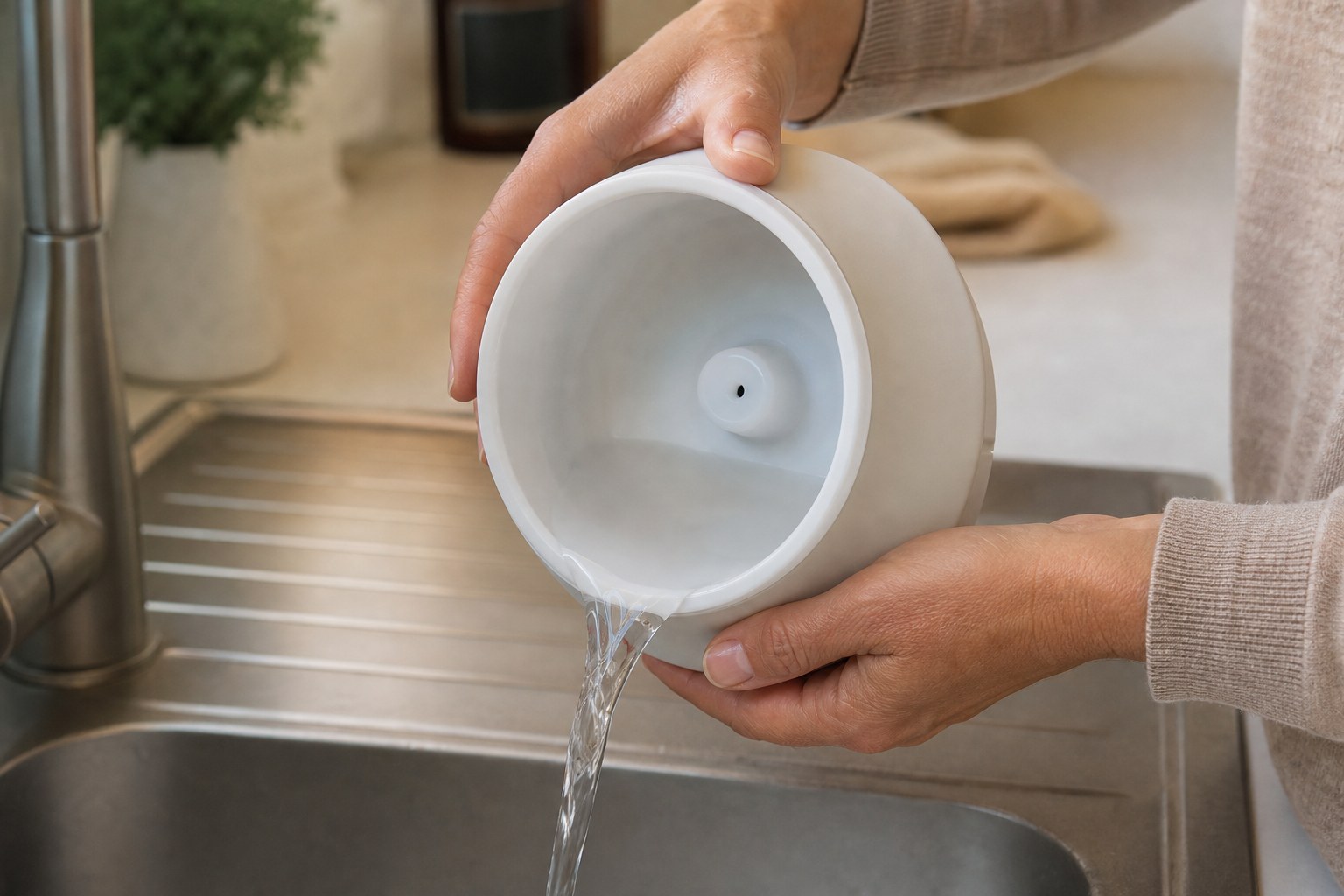Hands emptying water from an unplugged ceramic diffuser over a kitchen sink