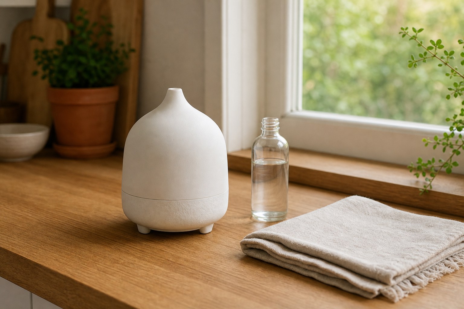Unplugged ceramic essential-oil diffuser, soft linen cloth, and clear vinegar bottle on a warm wooden table