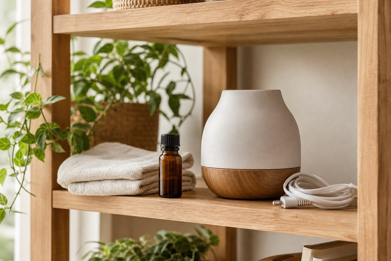 Dry unplugged diffuser stored on an open wooden shelf beside a neatly coiled cord
