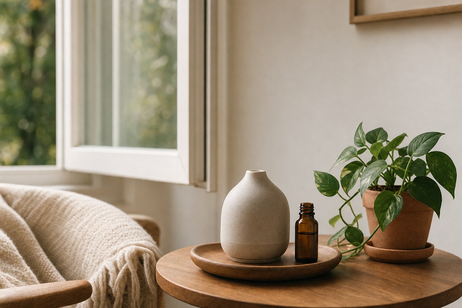 Ceramic diffuser on a warm wooden table near an open window and leafy plant