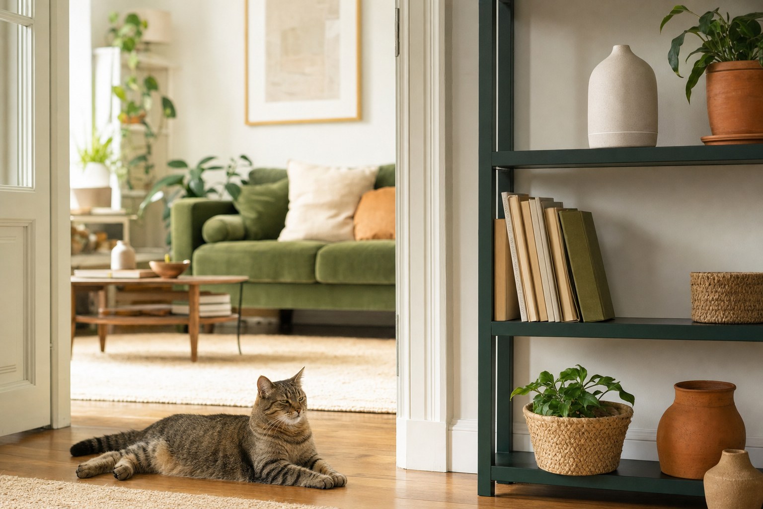 Relaxed cat resting near an open doorway, well away from an unplugged diffuser on a high shelf