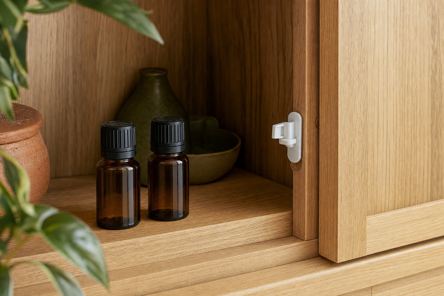 Unlabeled amber bottles stored upright in a wooden cabinet with a child-safety latch