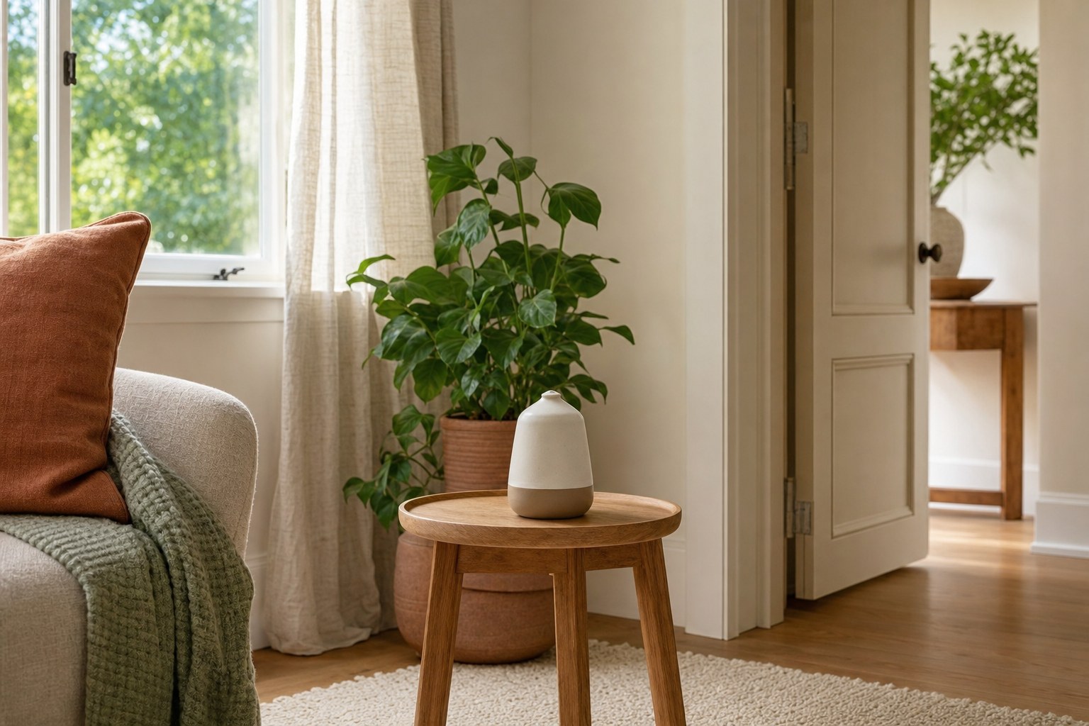 Small ceramic diffuser in a bright room with an open window and interior doorway