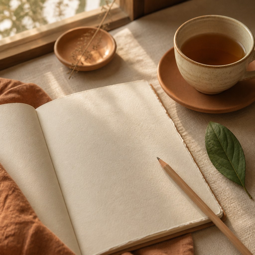Blank journal, pencil, tea, and a green leaf beside a sunny window