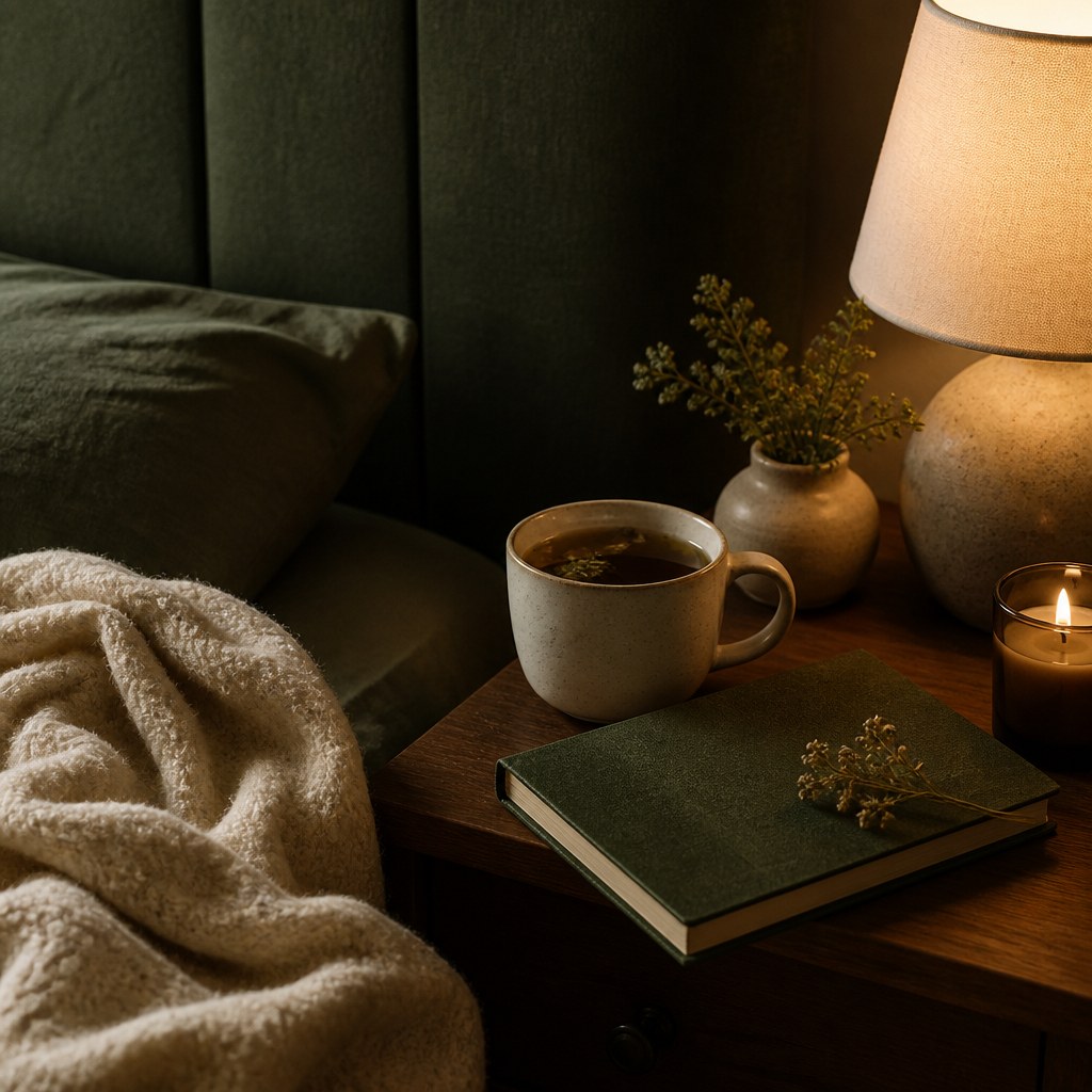 Quiet evening corner with a blanket, tea, book, and softly lit lamp