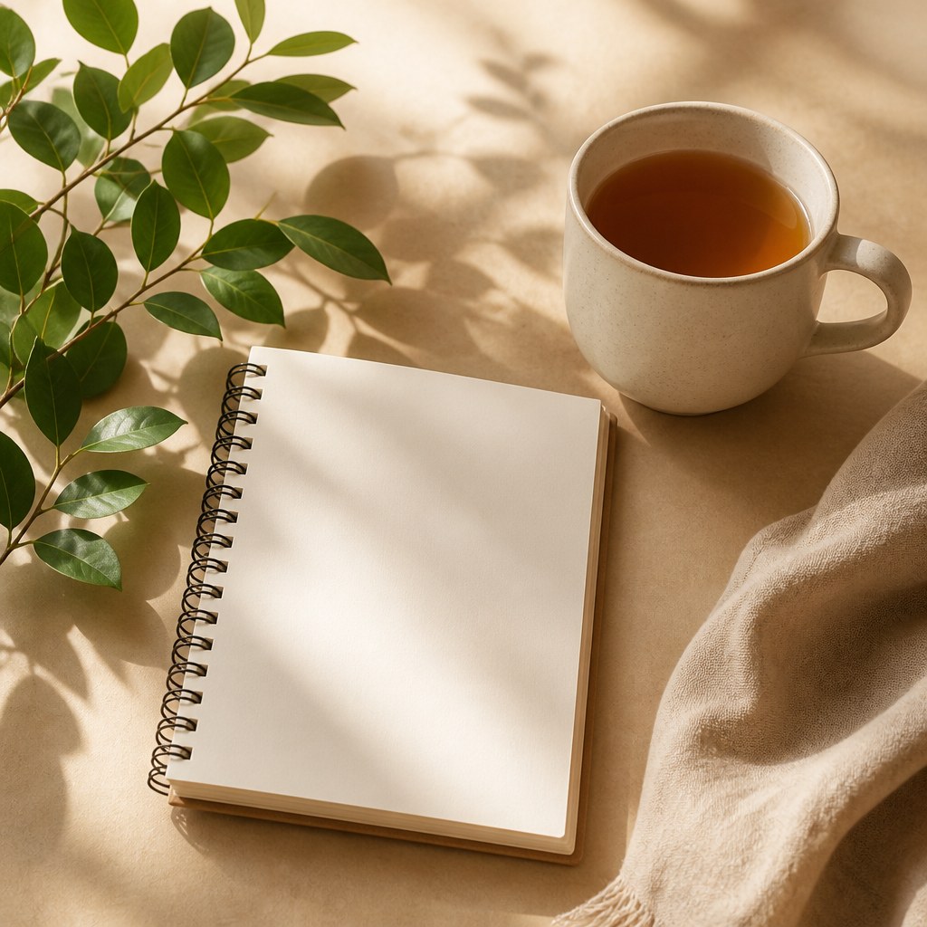Open notebook, herbal tea, leafy branch, and soft linen on a warm table