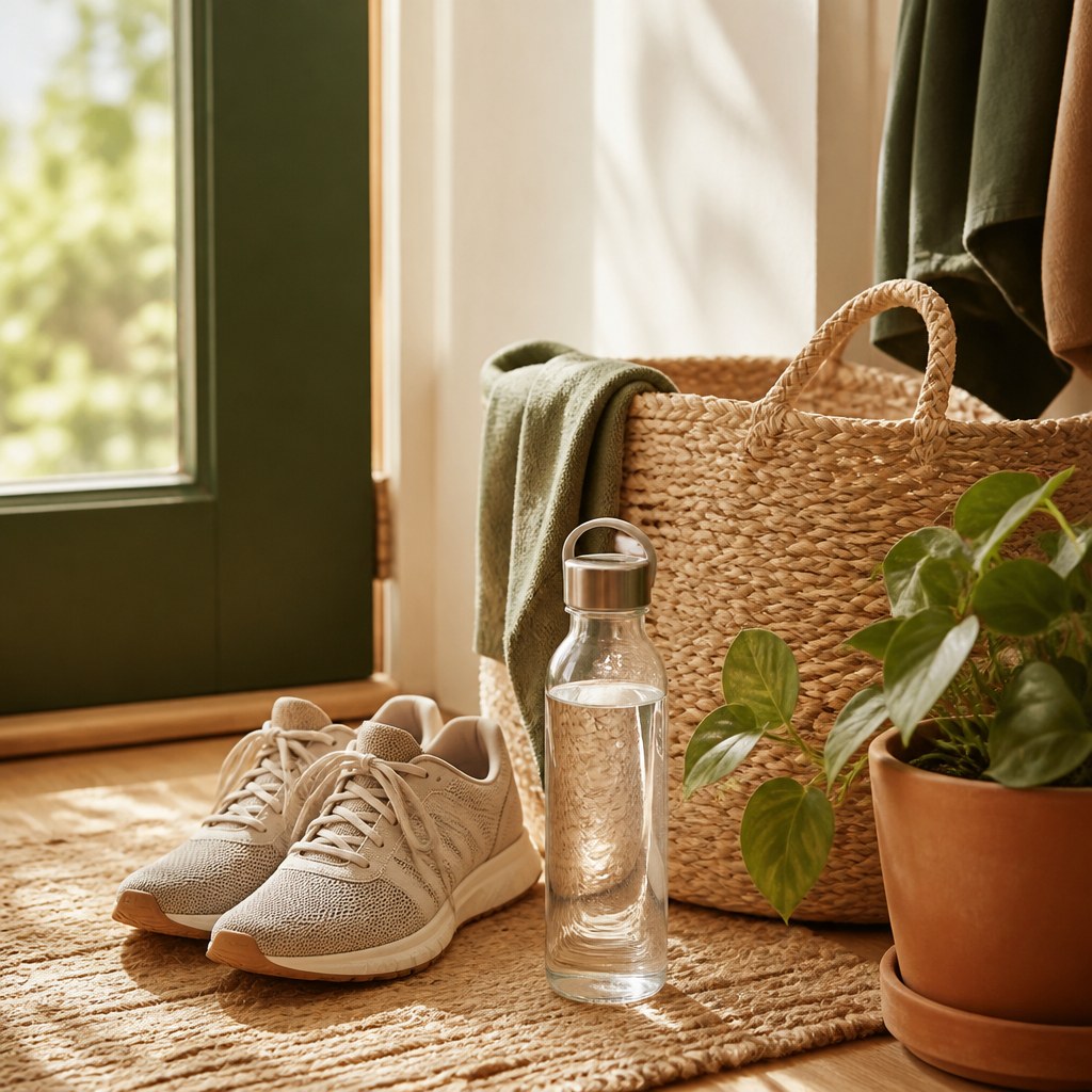 Walking shoes and a water bottle by a bright home entryway