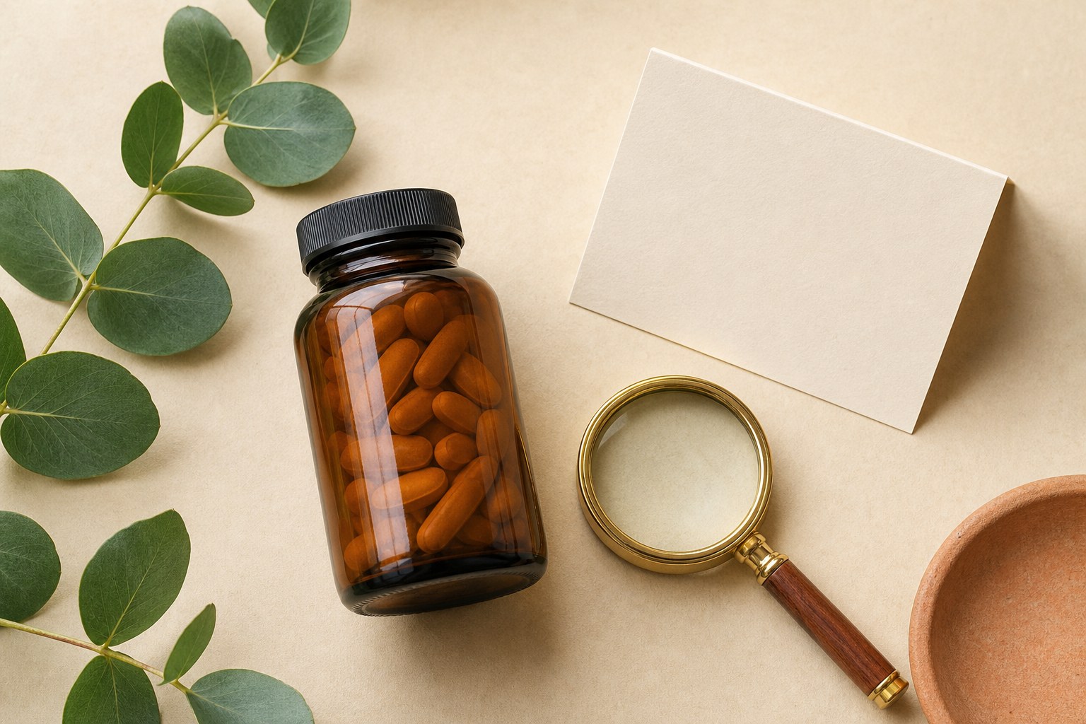 Unbranded amber supplement bottle, magnifying glass, notebook, and green leaves on cream linen