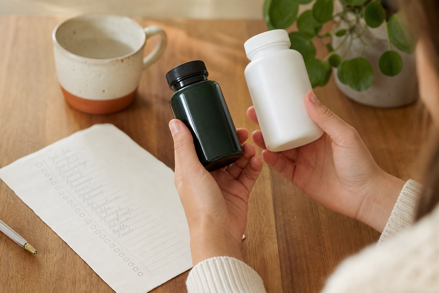 Hands comparing two unbranded supplement bottles beside a personal checklist
