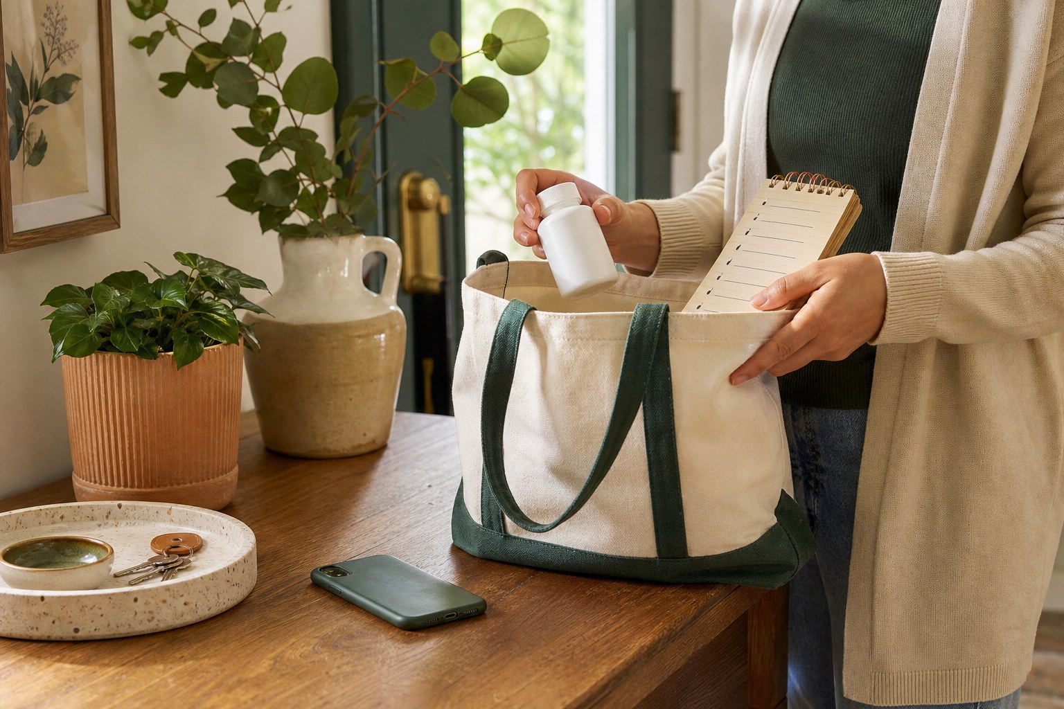 Person placing an unbranded supplement bottle and a question list into a canvas tote