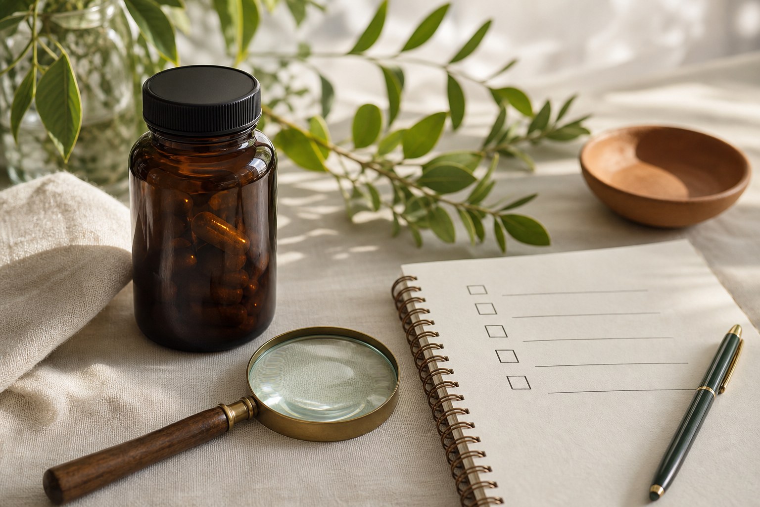 Unbranded amber supplement bottle, magnifying glass, notebook, and green leaves on cream linen