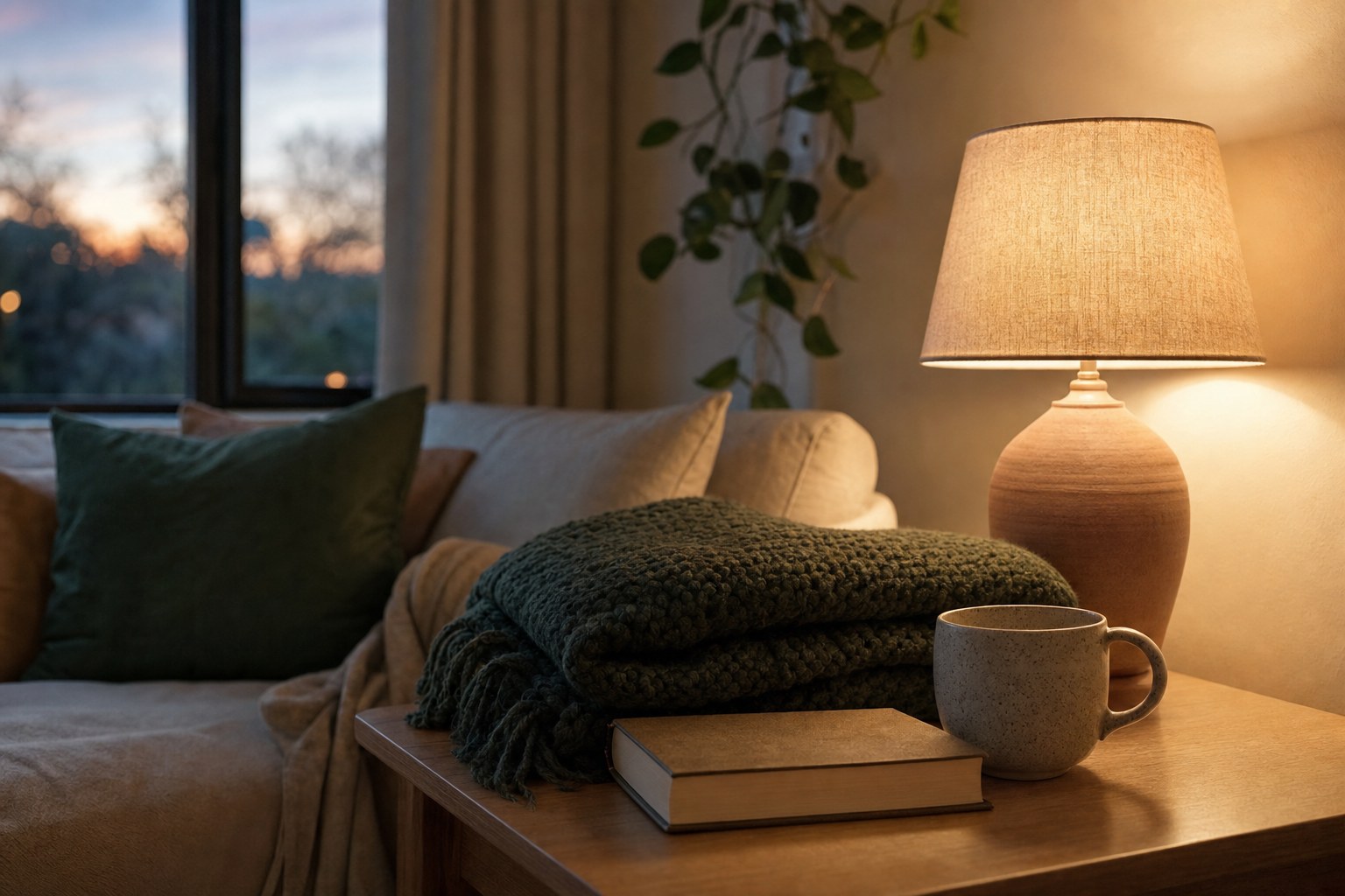 A quiet evening corner with a folded blanket, book, tea, and softly lit lamp