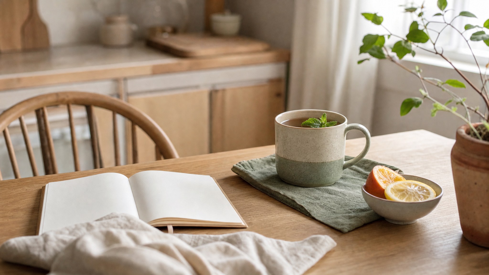 Herbal tea, citrus, and an open notebook on a sunny kitchen table