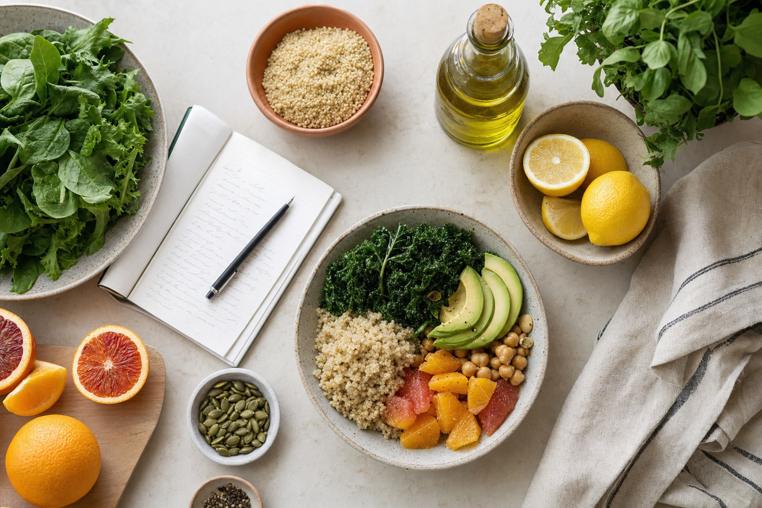 Simple meal ingredients with greens, citrus, grains, and olive oil on a kitchen counter