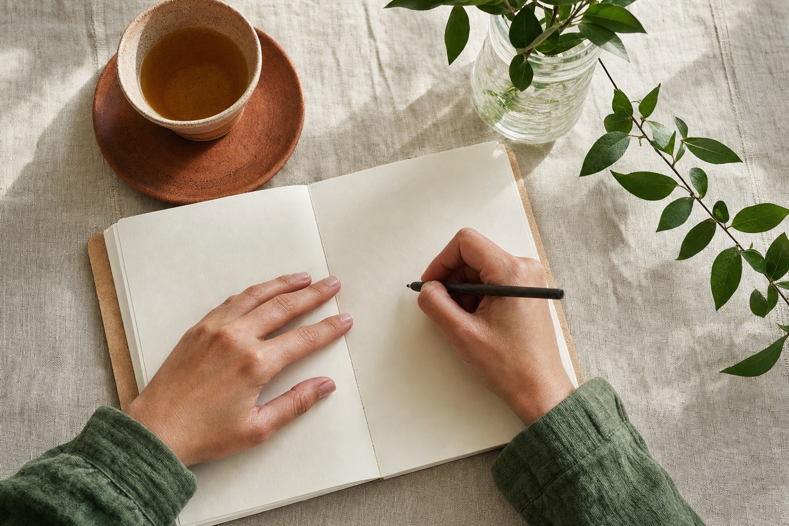 Hands beginning a personal check-in in a notebook beside tea and greenery