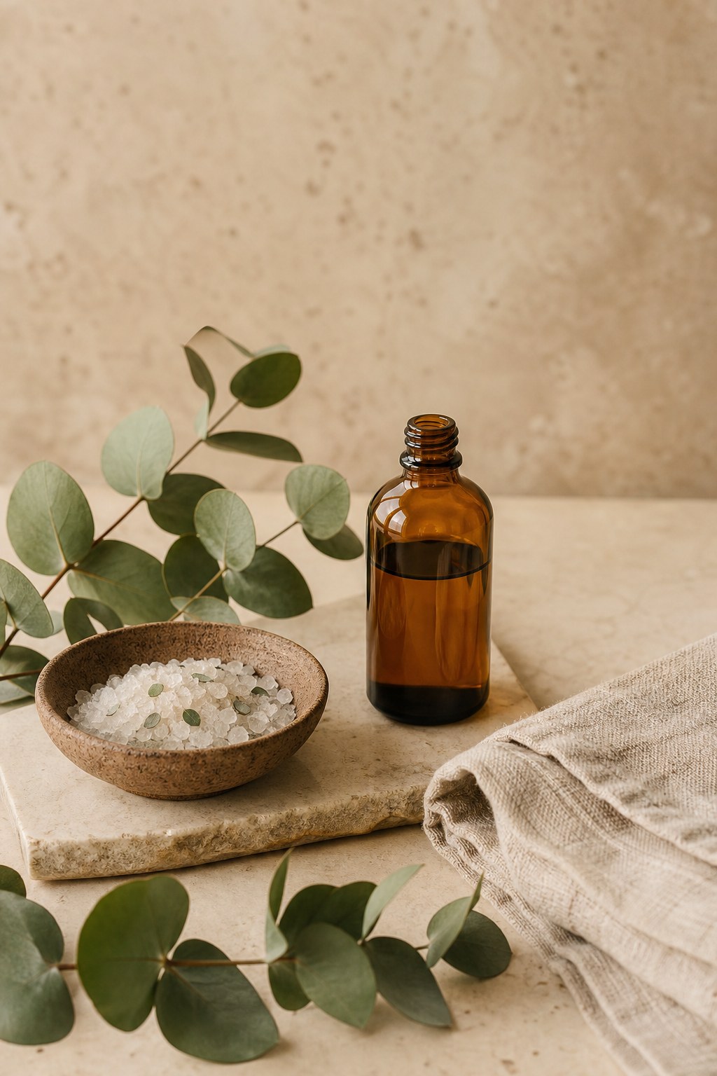 Ceramic bowl of bath salts, amber bottle, linen towel, and eucalyptus on a stone tray