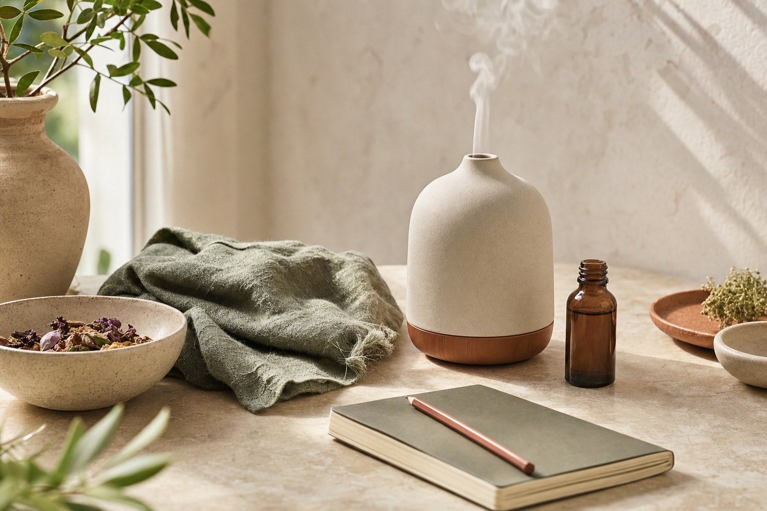 Ceramic diffuser, amber bottle, dried botanicals, and notebook on a sunlit stone table