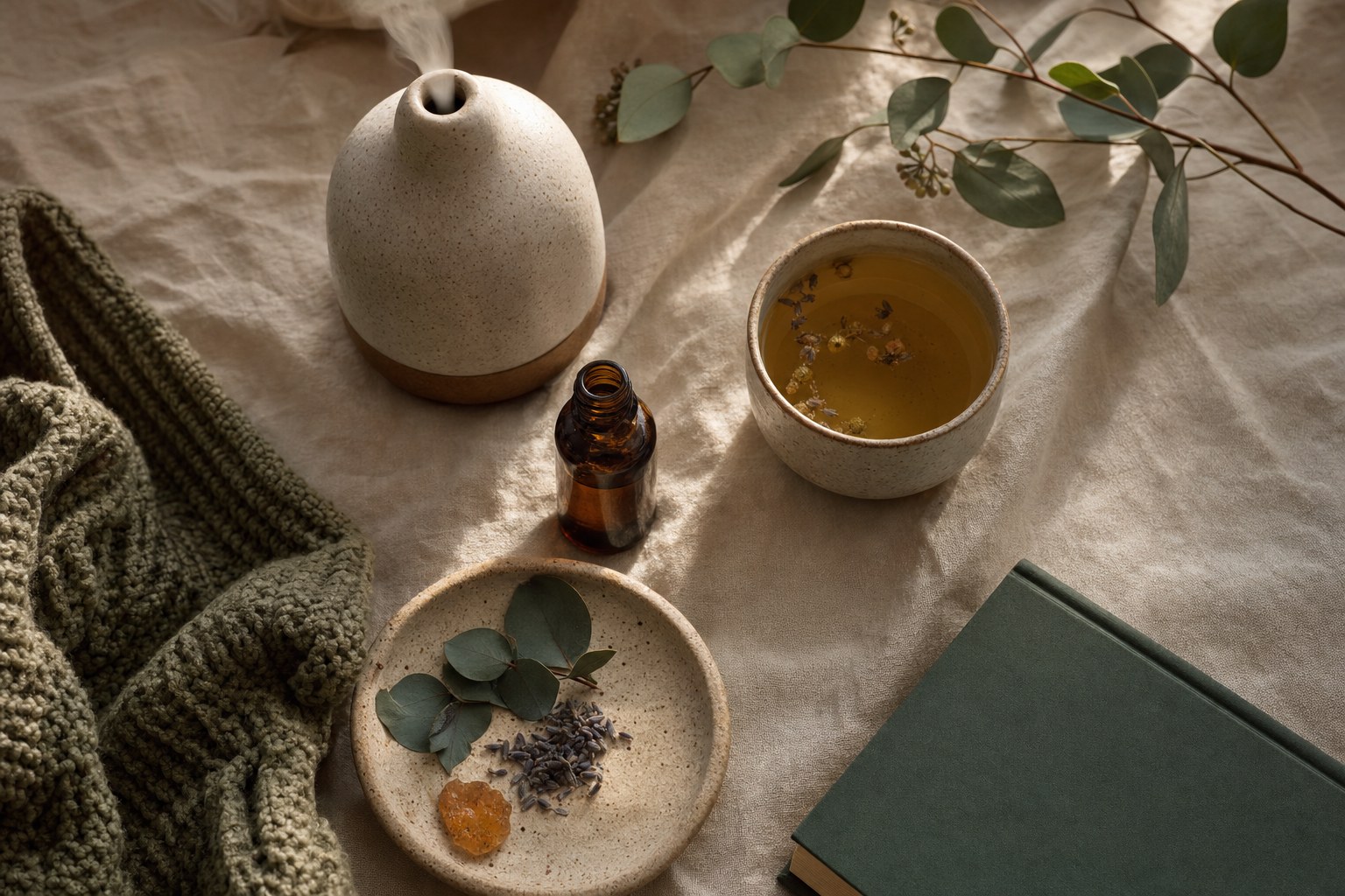 Amber bottle, ceramic diffuser, herbal tea, and green book arranged on linen