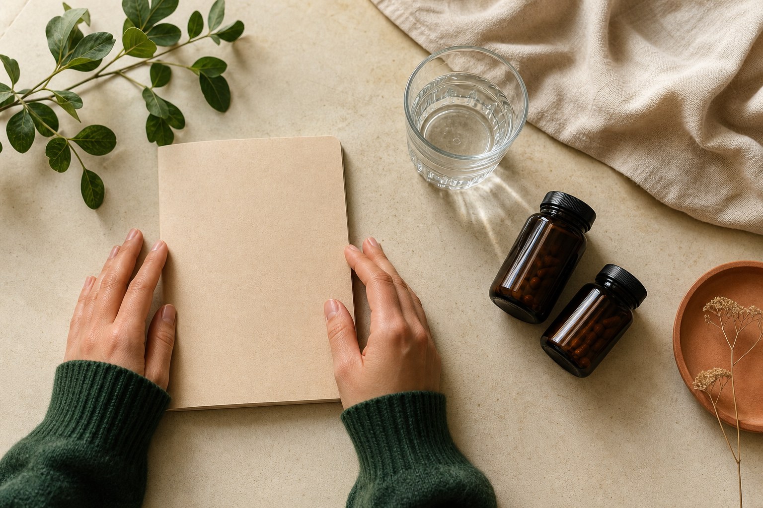 Hands resting beside a notebook, water glass, and amber wellness bottles