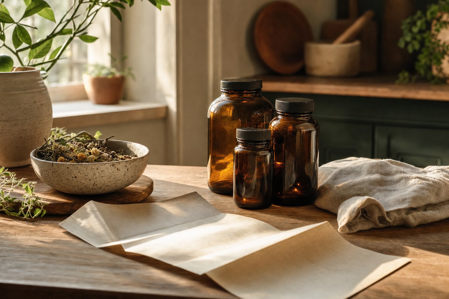 Amber wellness bottles, dried botanicals, and a notebook on a sunlit table