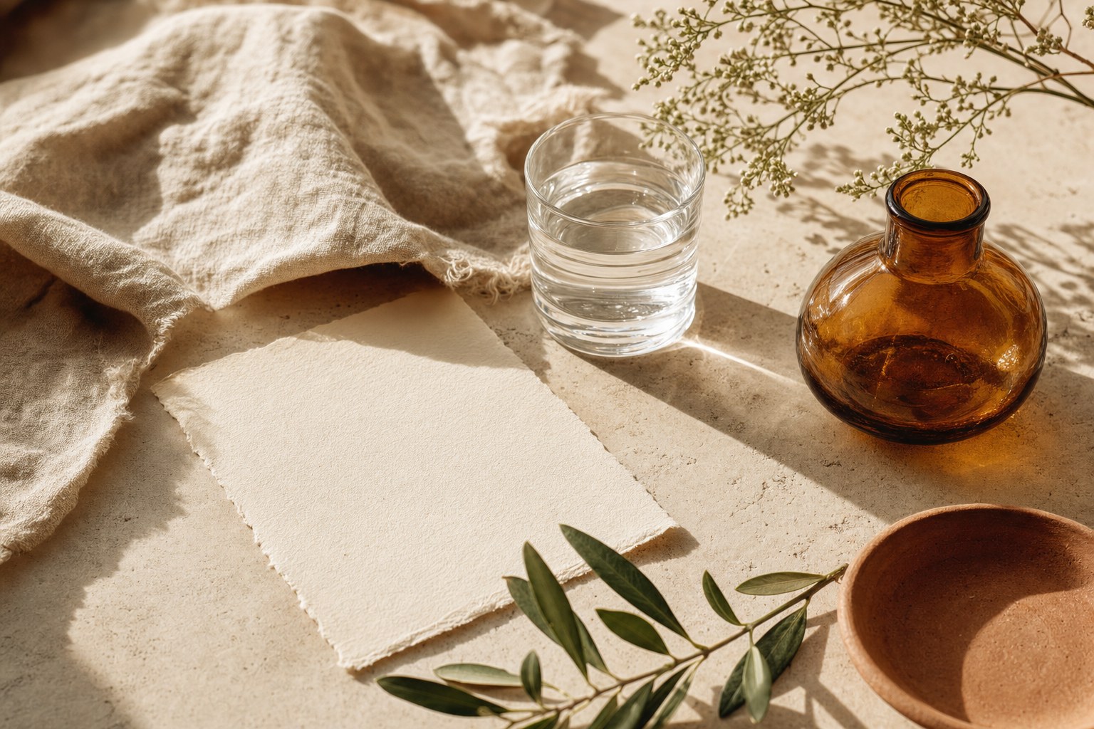 Water glass, blank paper, botanical sprigs, and amber glass vessel on warm stone