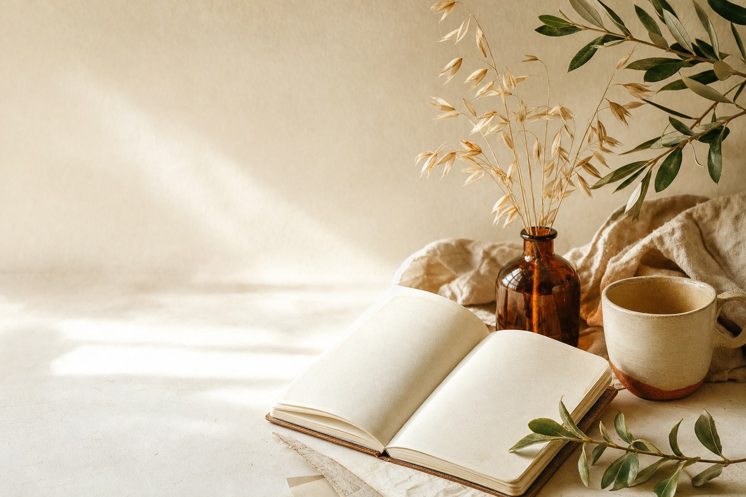 Open notebook, amber glass vessel, dried botanicals, and ceramic cup on a warm table