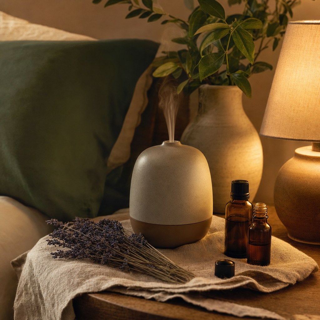 Ceramic diffuser, amber bottles, and lavender on a bedside table