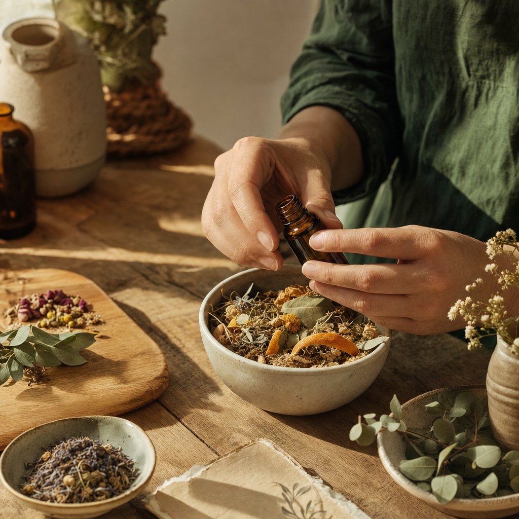 Hands choosing an amber essential oil bottle beside botanicals and citrus