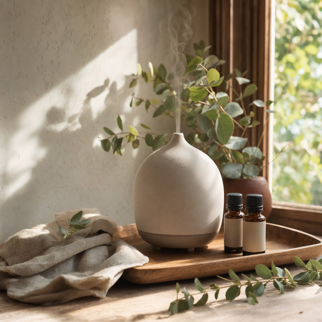 Ceramic diffuser, amber essential oil bottles, and eucalyptus in warm window light