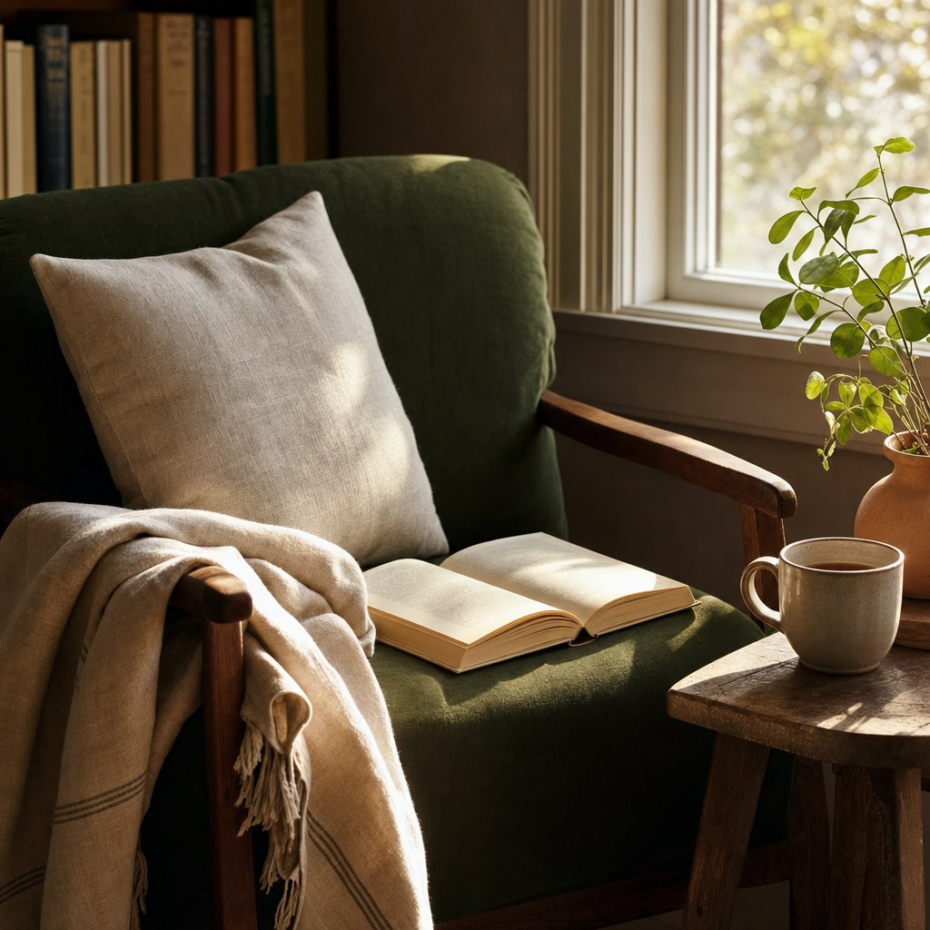 A cozy reading chair with a blanket, tea, and an open book in soft light