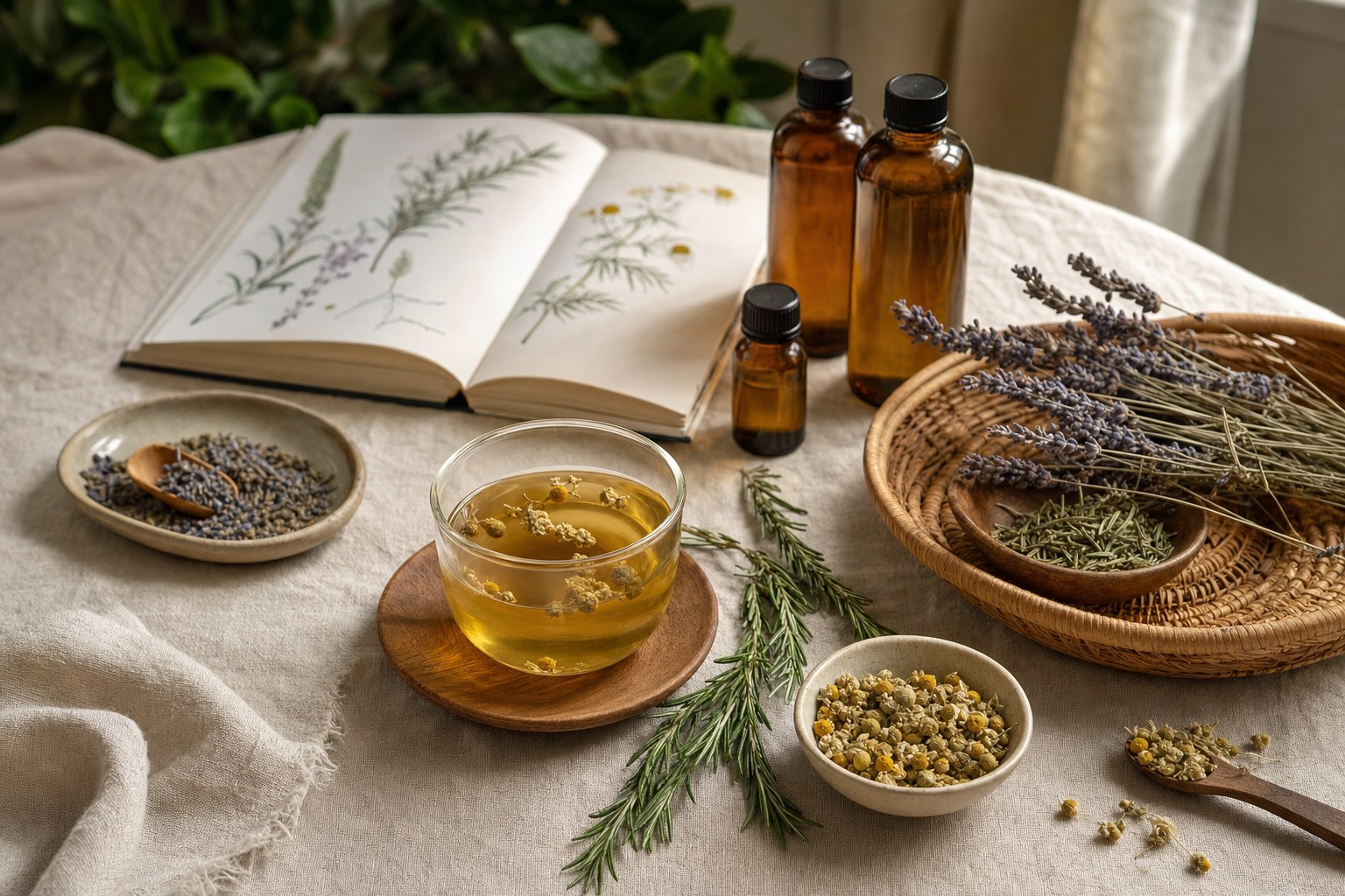 Herbs, botanical reference book, and tea arranged on a linen table