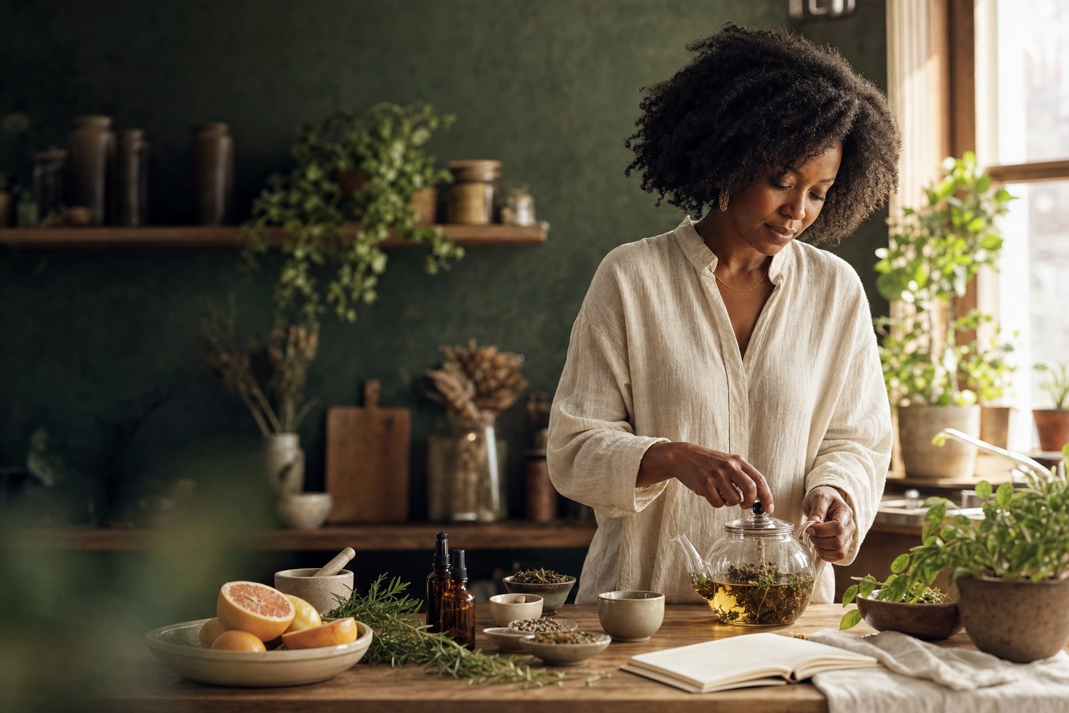 Woman steeping herbal tea in a warm sunlit kitchen