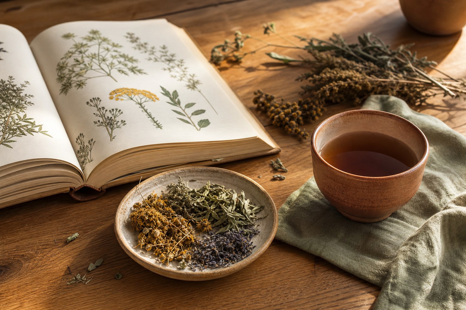 Botanical reference book, dried herbs, and tea on a wooden table