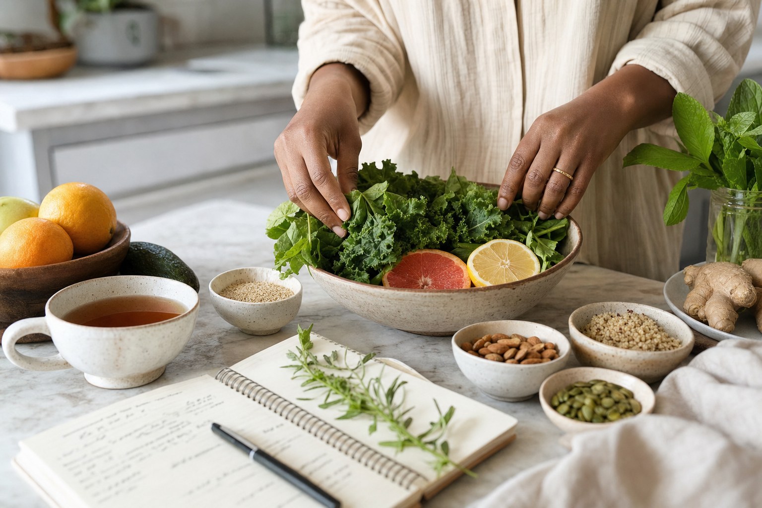 Hands arranging greens, citrus, grains, and tea for a nourishing meal