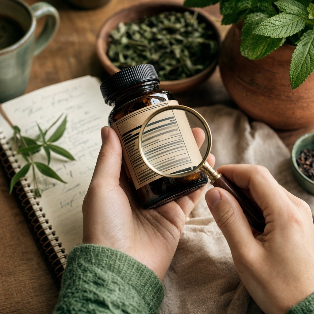 Hands reviewing an amber supplement bottle with a magnifying glass