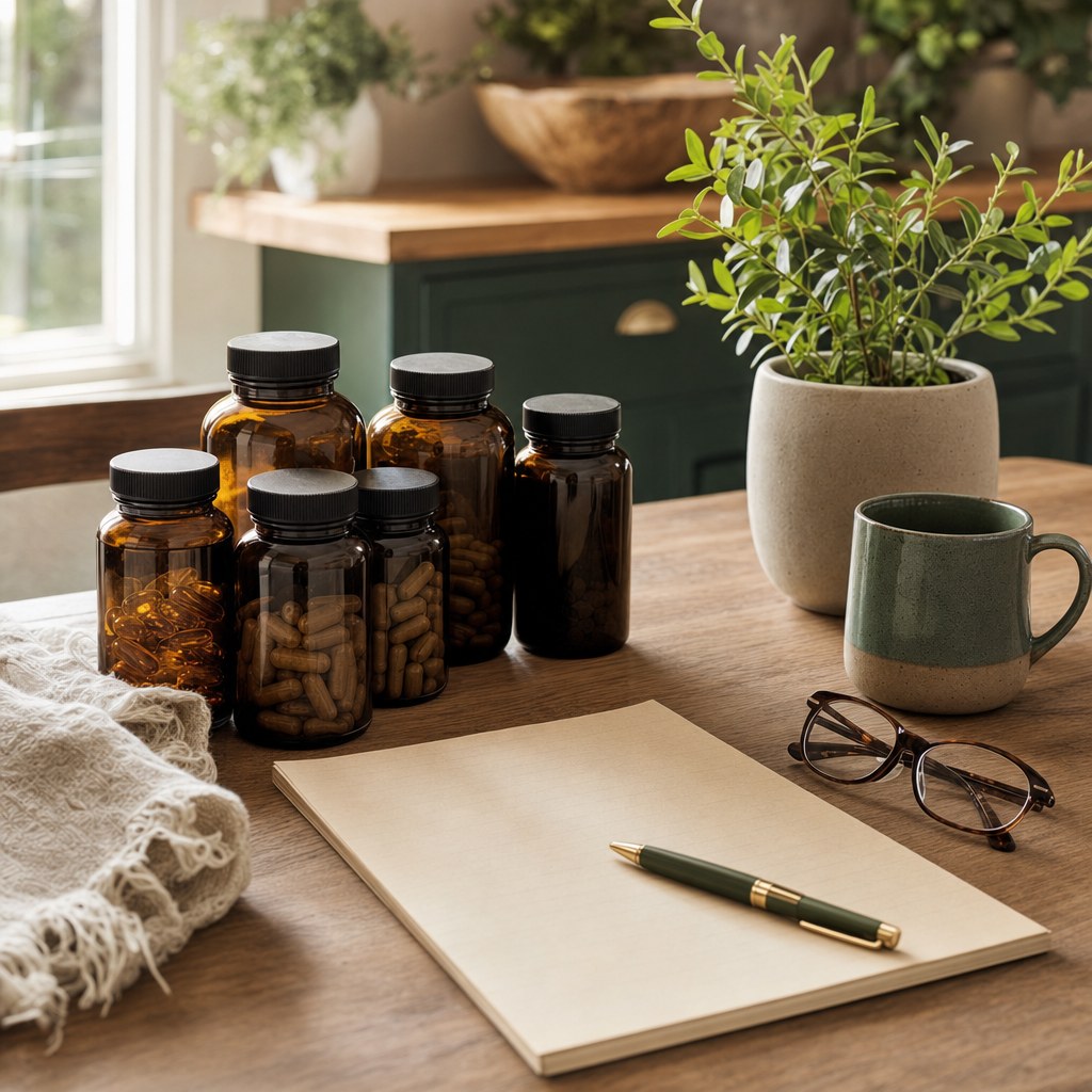 Unlabeled supplement bottles, notebook, pen, and reading glasses on a table
