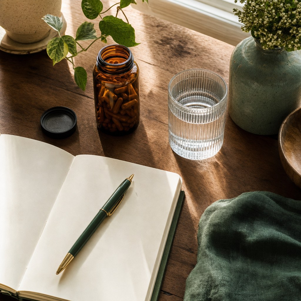 Supplement bottle, notebook, pen, and water on a warm wooden desk
