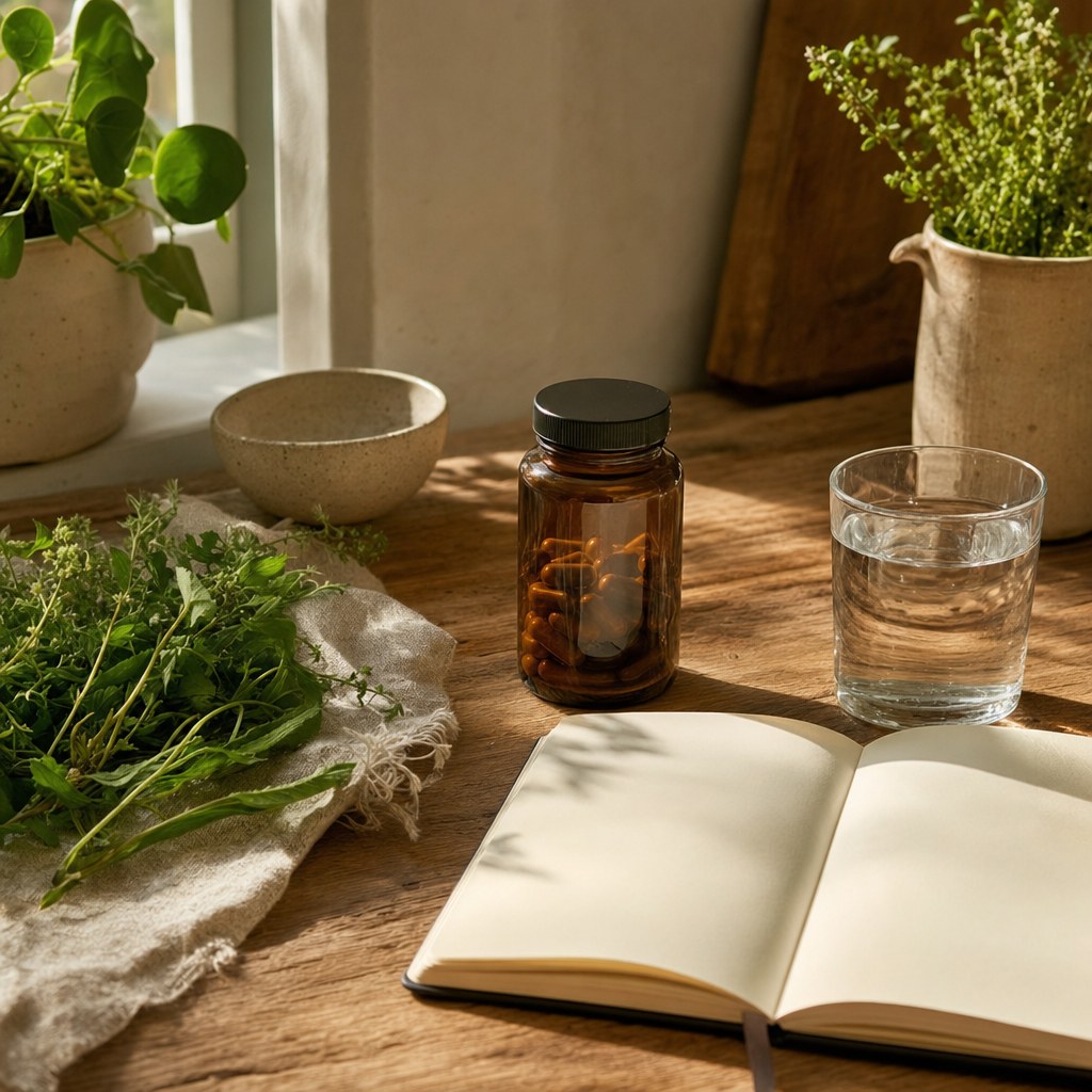 Supplement bottle, notebook, herbs, and water on a sunlit table